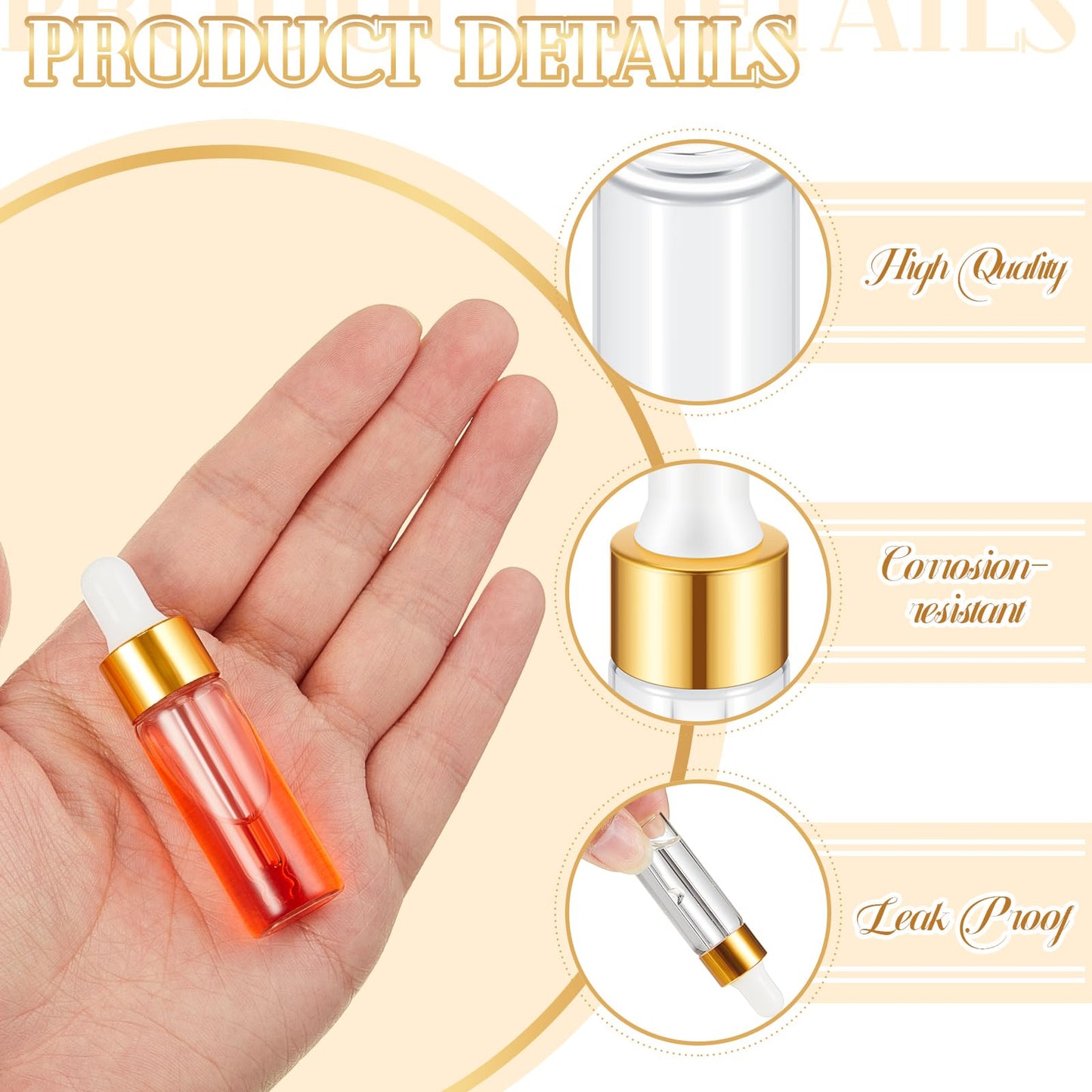 Didaey 200 Pcs 5 ml Mini Glass Oil Dropper Bottle Bulk, Clear Essential Small Empty Bottles Sample Containers Perfume Liquid Vials with Cap for Traveling (Champagne Gold)