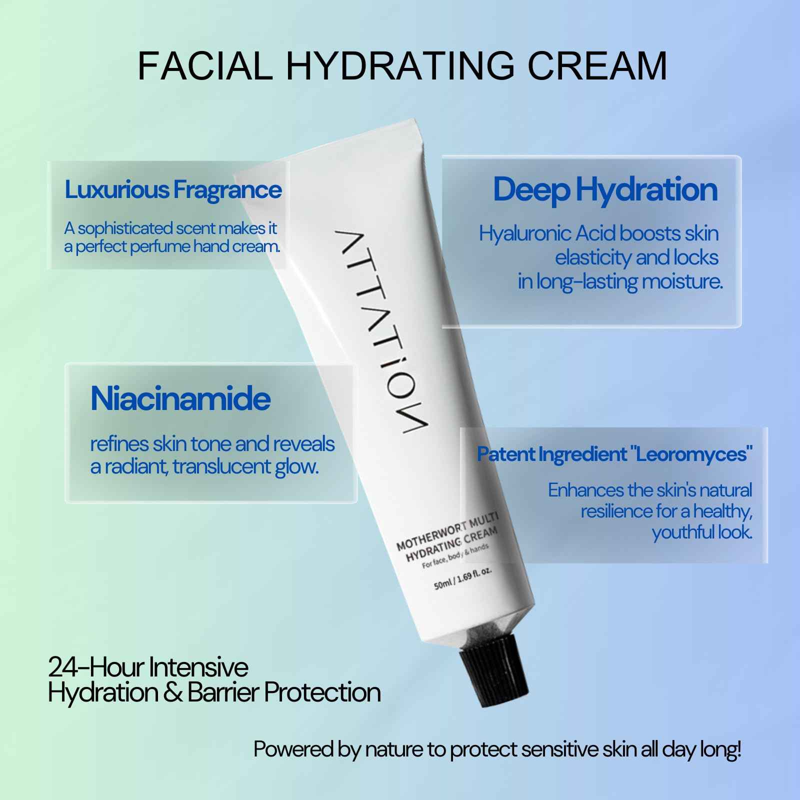 ATTATION Motherwort Multi Hydrating Cream, Facial Moisturizer Silicon Free For Dry and Sensitive Skin, Korean Skincare, Formulated with Niacinamide Panthenol Adenocin, Vegan 50ml / 1.69 fl. oz.