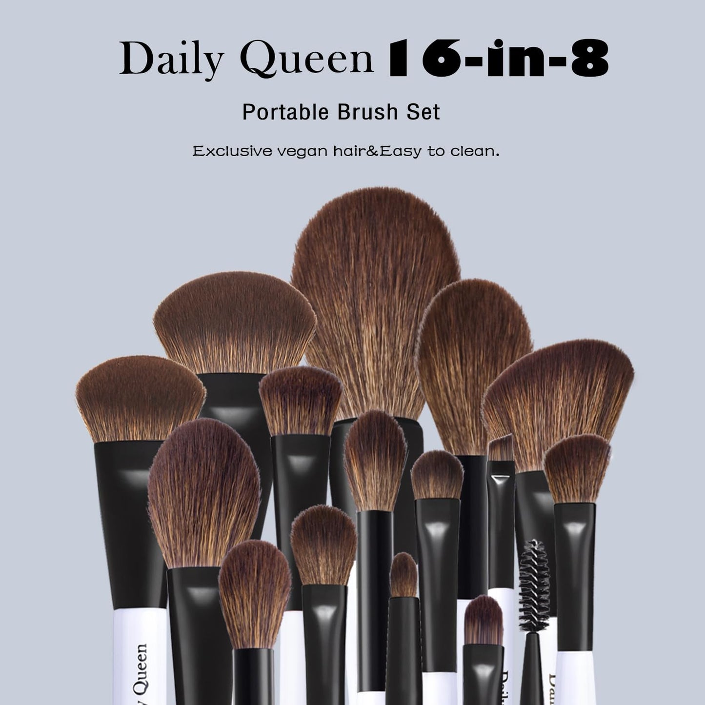 Daily Queen Portable Makeup Brush Set 8pcs Dual Kabuki Powder Concealers Eye shadows Blush Eyeliner Eyebrow Contour Eye blending Brushes (8 IN 16 brush set with waterproof bag)