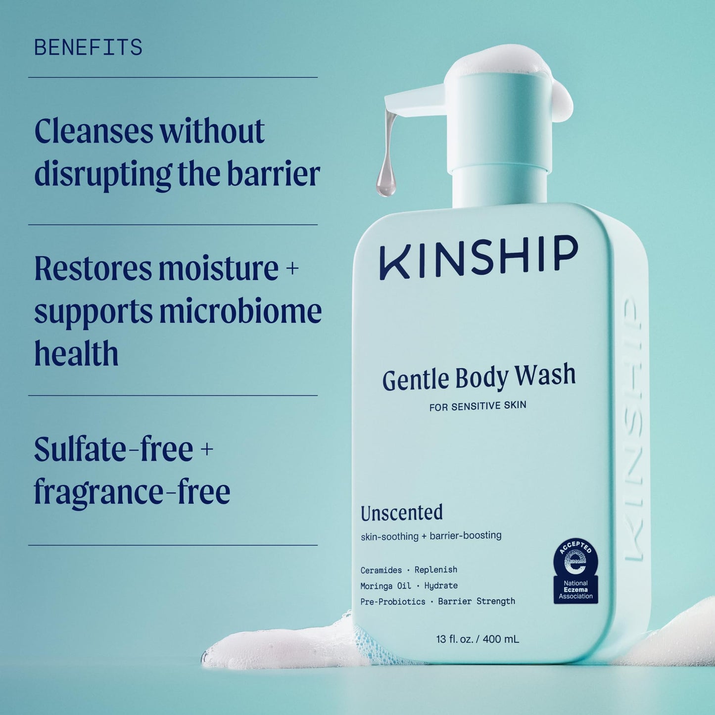 Kinship Gentle Moisturizing Body Wash for Sensitive Skin | Eczema Relief & Hydration for Dry Skin | Fragrance-Free, Unscented Body Soap, 13 oz