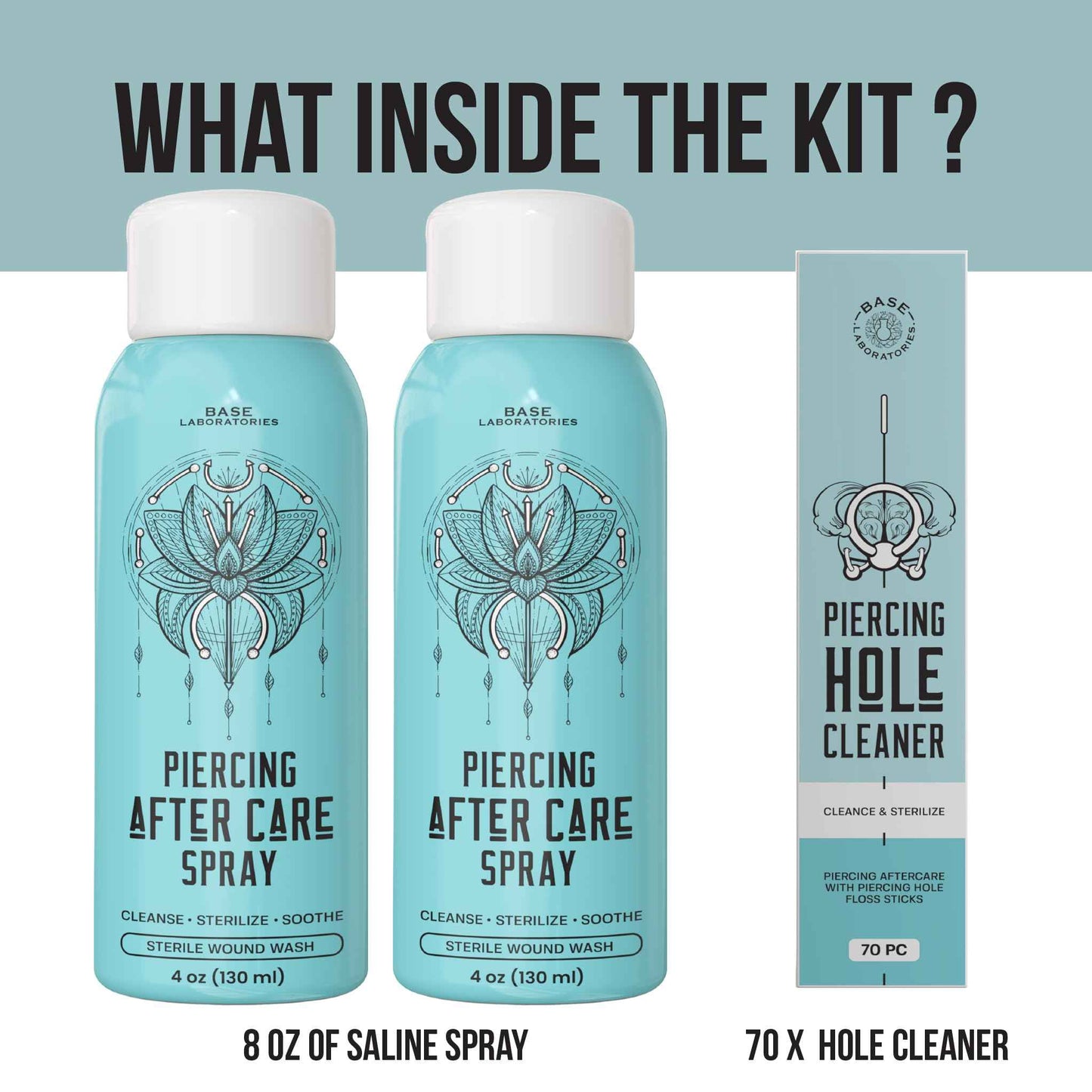 BASE LABORATORIES Piercing Aftercare Spray 4oz | Saline Spray for Piercings | Ear Piercing Cleaner | Saline Solution for Piercings | Keloid Bump Removal for Ears, Belly Nose Piercings - 2PK