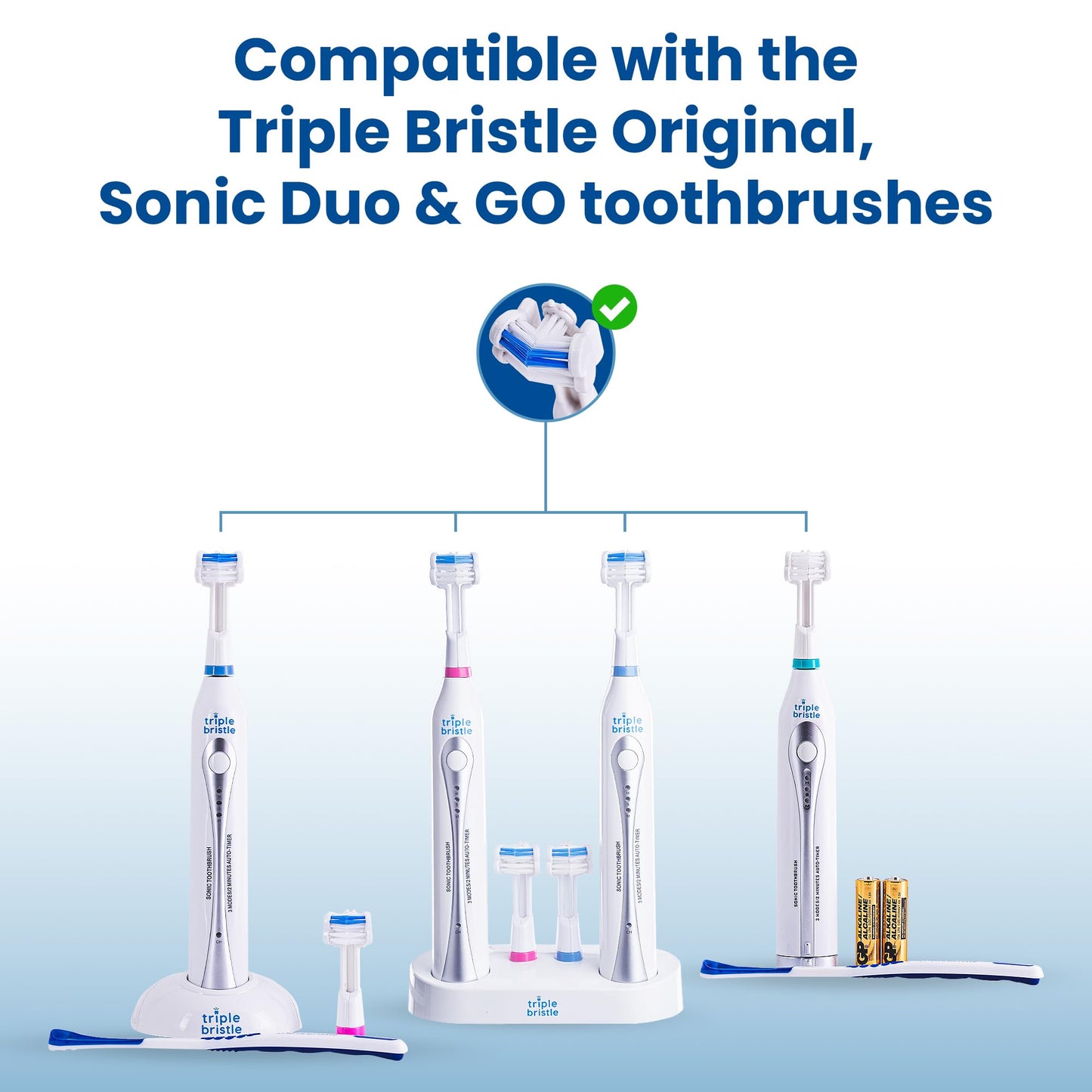 Triple Bristle Replacement Brush Head Refills | Innovative 3 Head Design | Compatible with Triple Bristle Brand Sonic Toothbrush | Color Changing Indicator Bristles | 2 Pack (Blue)