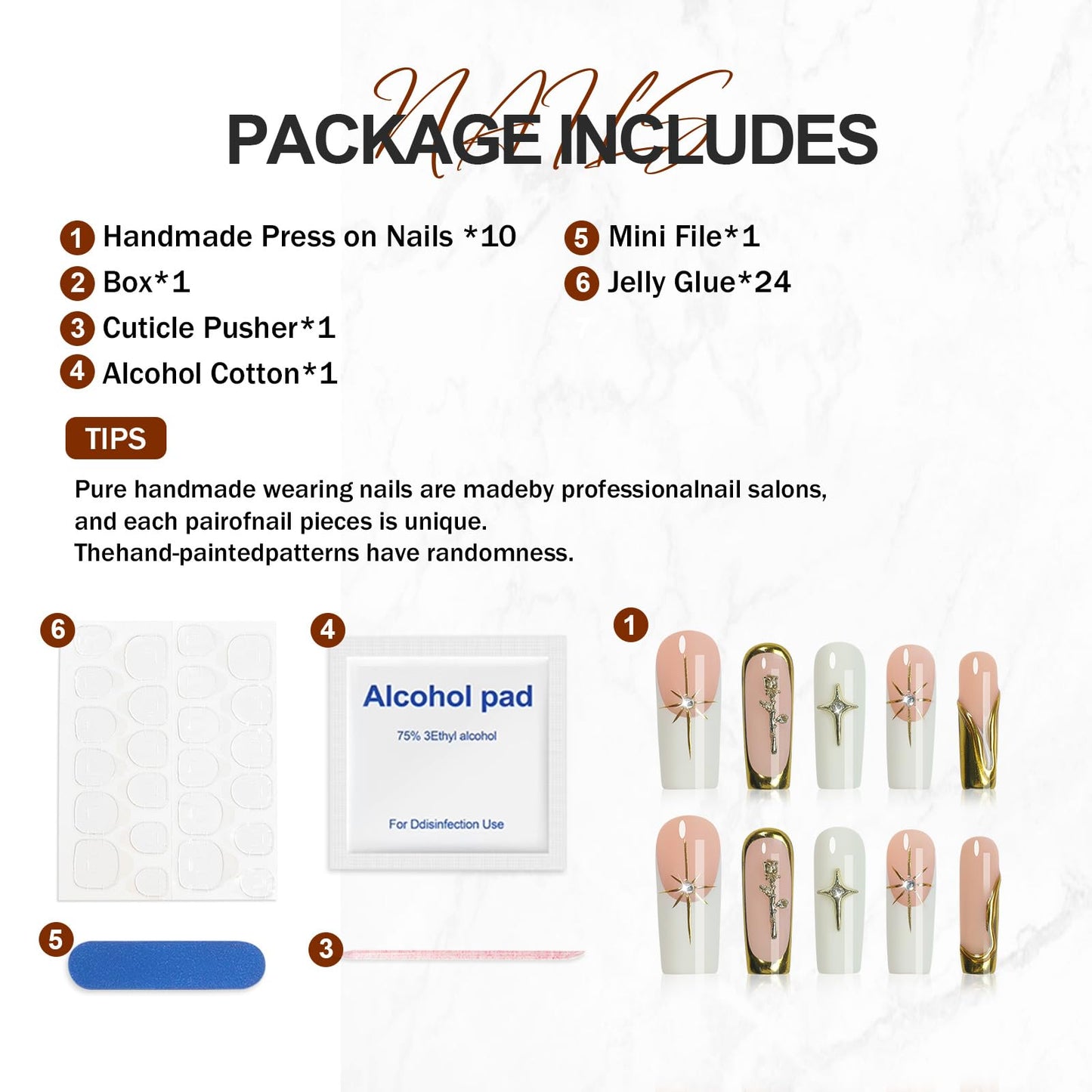 HOMSERA Handmade XL White Press On Nails Long Square, French Tips 3D Sun Golden Flower Charms Design, 10PCS Luxury Acrylic Fake Nails with Sparkling Crystals, Reusable Full Cover Glam Nails for Women