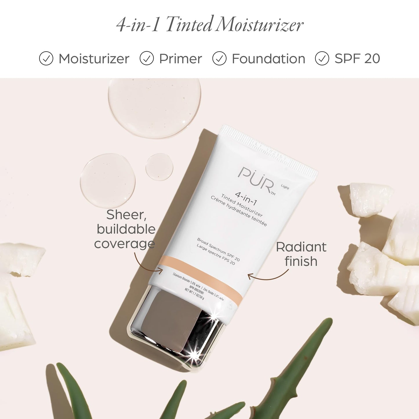 PÜR MINERALS 4-in-1 Tinted Moisturizer with SPF 20 - Hydrating Skin Tint Face Moisturizer, Primer & Foundation with Shea Butter, Aloe Vera & Vitamin B3 - Vegan Friendly, Paraben Free (Light)