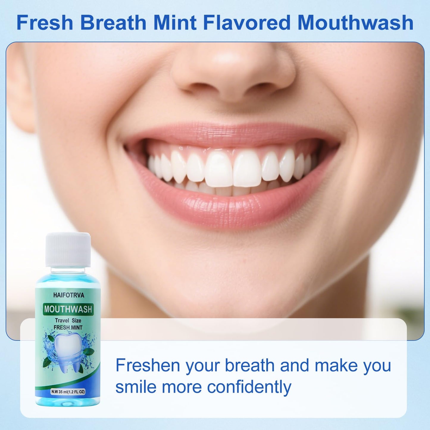 HAIFOTRVA 50 Pcs Mini Mouthwash Travel Size Bulk,Blue Portable Mint Flavor Mini Mouthwash Individual 35ml/1.2oz On the Go Mouth Wash Small Bottle for Travel,Office,Toiletry Kits