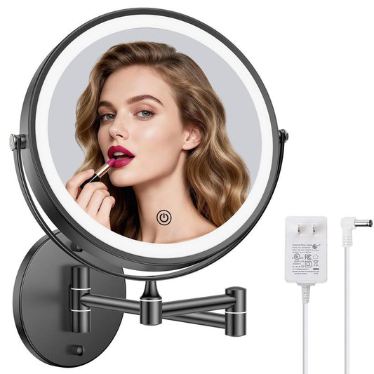 FASCINATE Rechargeable Wall Mounted Makeup Mirror with Lights and Magnification, 8 Inch Double Sided 1X 10X Magnifying Bathroom Mirror with 3 Color Lights & 360° Rotation Vanity Mirror - Black