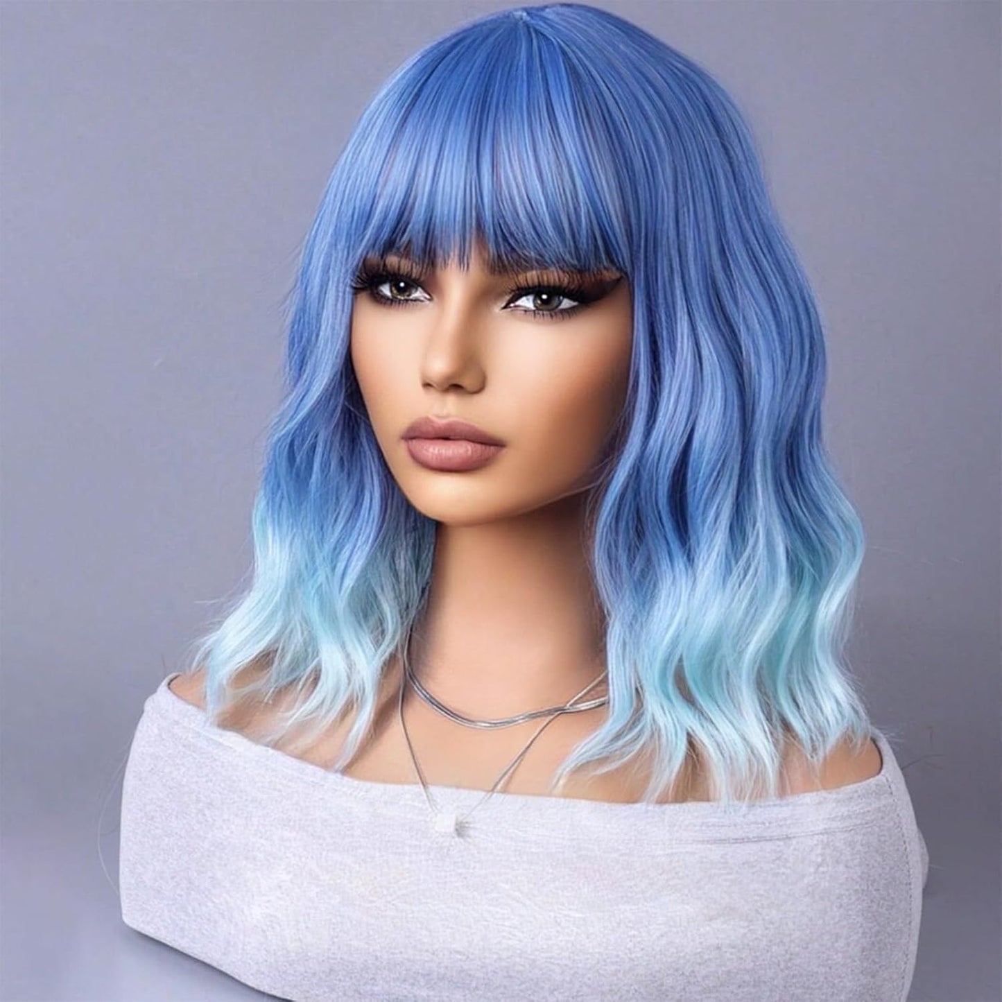 Ombre Blue Short Bob Wig for Women - Curly Wavy Heat Resistant Synthetic | Perfect for Cosplay & Daily Wear