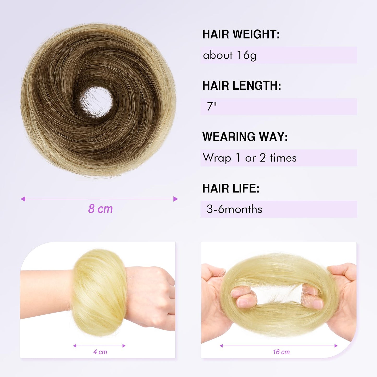 SOFEIYAN Human Hair Bun 100% Real Human Hair 16g Messy Bun Natural Tousled Stretchy Fluffy Donut Updo Elegant Chignon with Elastic Rubber Band Fake Bun Hair Piece for Women - Brown Mixed Light Blonde