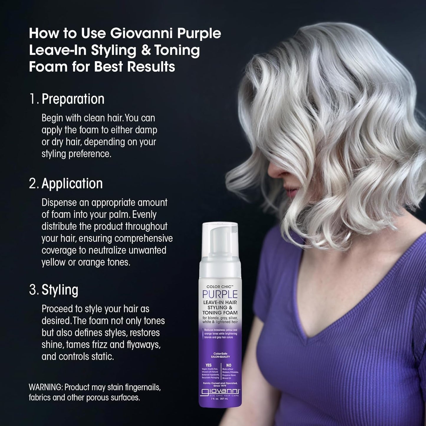 GIOVANNI Color Chic Purple Leave-In Hair Styling & Toning Foam - Purple Foam for Blonde, Gray, Brassy, Fine Hair, Gives Volume & Shine for Women & Men - 7 fl oz (Pack of 1)