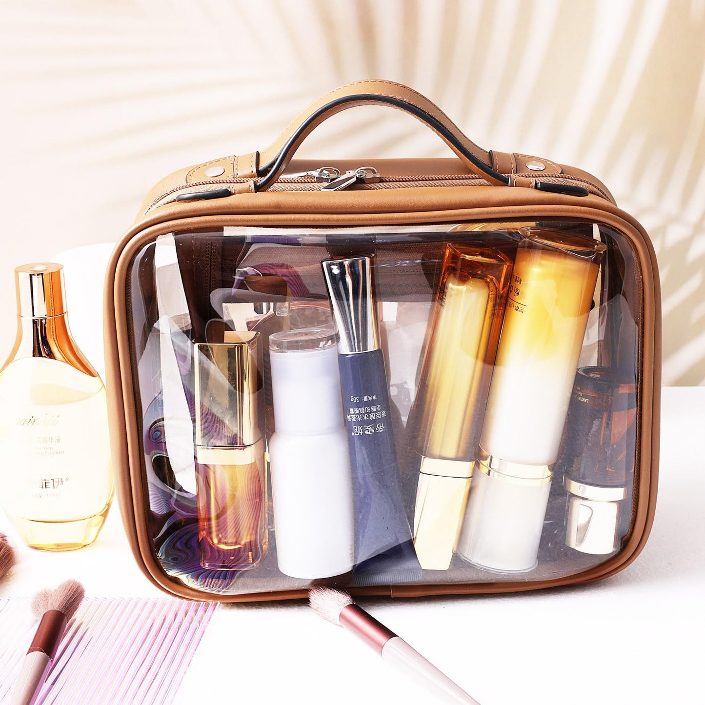 SANHECUN traveling toiletry case clear cosmetics case makeup bag Dimensions | LxWxH:10” x 4.5” x 7.5”(Brown, Medium)