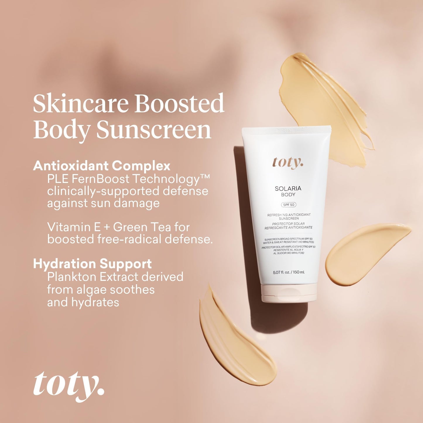 Toty by Sofia Vergara - Solaria Body SPF 50 Refreshing Antioxidant Sunscreen - UVA/UVB Protection - Weightless Body SPF for All Skin Types - Water & Sweat Resistant - 5.07 fl oz