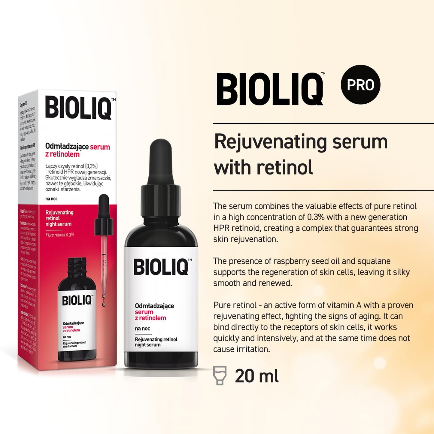 Bioliq - Pro Rejuvenating Night Serum with Retinol - Advanced Formula for Skin Tightening, Pure Retinol 0.3% and HPR Retinoid Complex - 20 ml