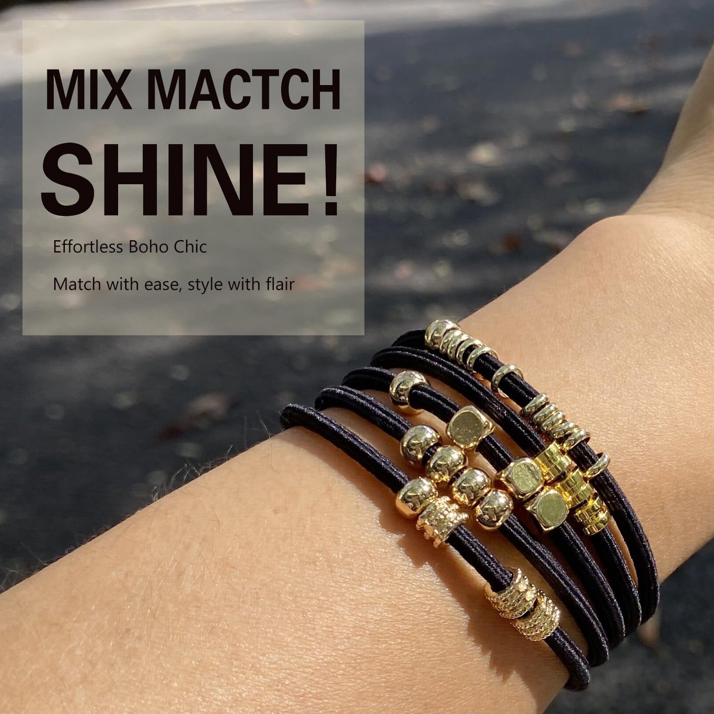 Black Boho Hair Ties Bracelets for Women, Cute Elastic Pony Tails Hair Ties No Damage Beaded Hair Accessories for Girls Decorative Hair Tie Bracelet with Bead Hair Bands with Gold Jewelry for Gifts