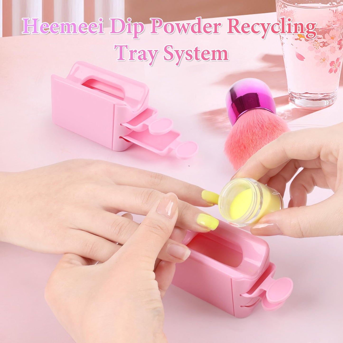 heemeei Dip Powder Recycling Tray System, Portable Nail Dip Powder Tray Kit with Nail Dust Brush, Glass Nail File, French Nail Art Manicure Essential Tool, Makeup Tool Glitter Saver