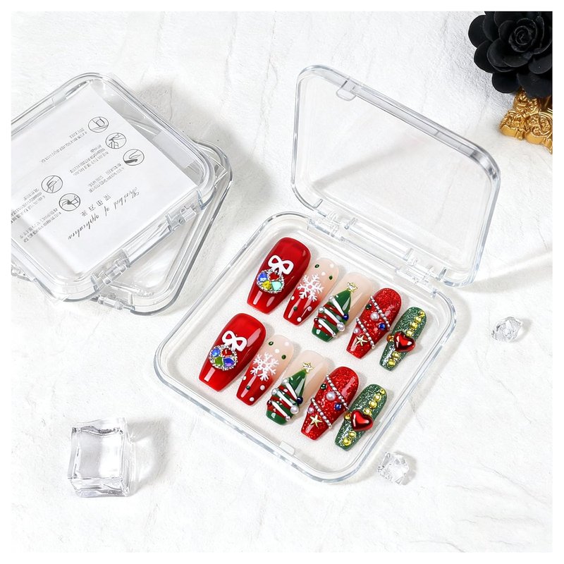 Christmas Press-On Nails - 10 Pcs Handmade Acrylic Coffin Nails with Glitter & 3D Rhinestones | Size M