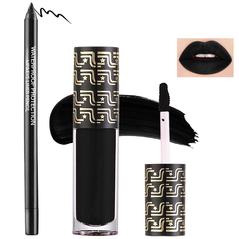 LZYLLS 2 Pcs Lip Liner and Lipstick Set,Pigmented Velvet Lipgloss Kit Black Matte Lipstick Lip Liner Set,Waterproof Black Lip Gloss Stain Liquid Lipstick Set Cosplay Halloween Goth Makeup Gift Kit