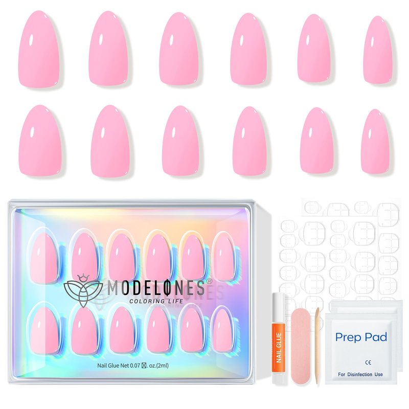 Modelones Pure White Press on Nails Almond, Short Almond Fake Nails, Reusable Nail Kit with Nail Glue Adhesive Tabs Mini Nail File, Nails Press Ons 32Pcs16 Sizes