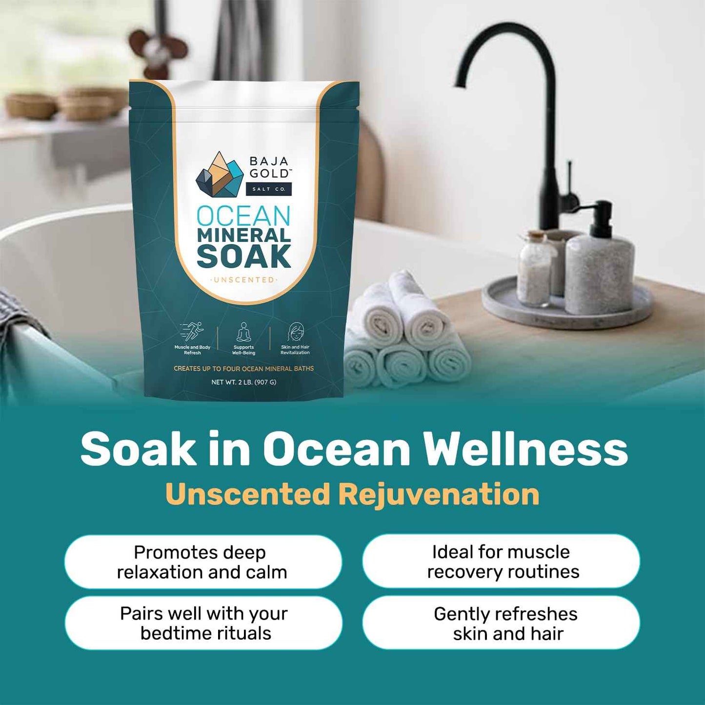 Baja Gold Ocean Mineral Soak – Natural Magnesium Bath Soak & Trace Elements | Relaxing, Clean Ingredient Soak for Bath, Muscles, Relaxation & Skin Care | Pure, Vegan, 2 Lb Resealable Bag, Unscented