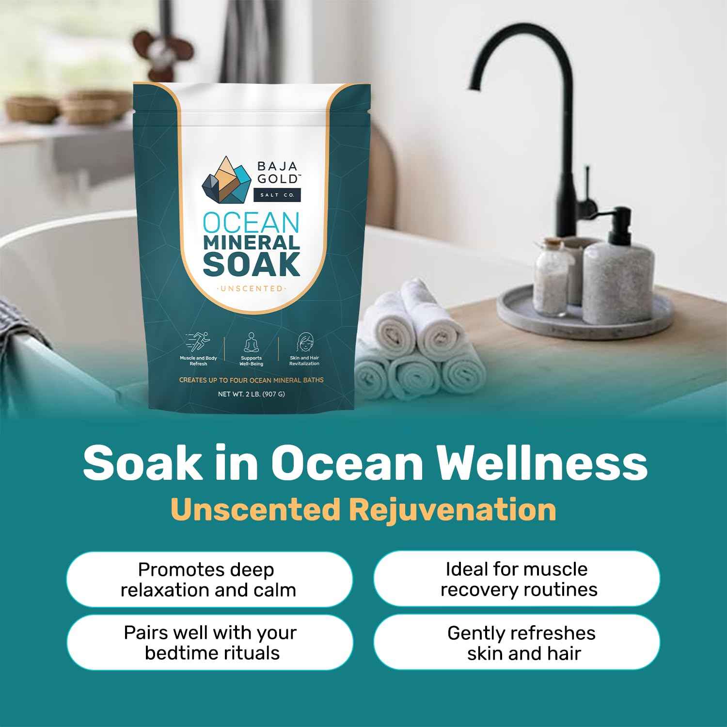 Baja Gold Ocean Mineral Soak – Natural Magnesium Bath Soak & Trace Elements | Relaxing, Clean Ingredient Soak for Bath, Muscles, Relaxation & Skin Care | Pure, Vegan, 2 Lb Resealable Bag, Unscented