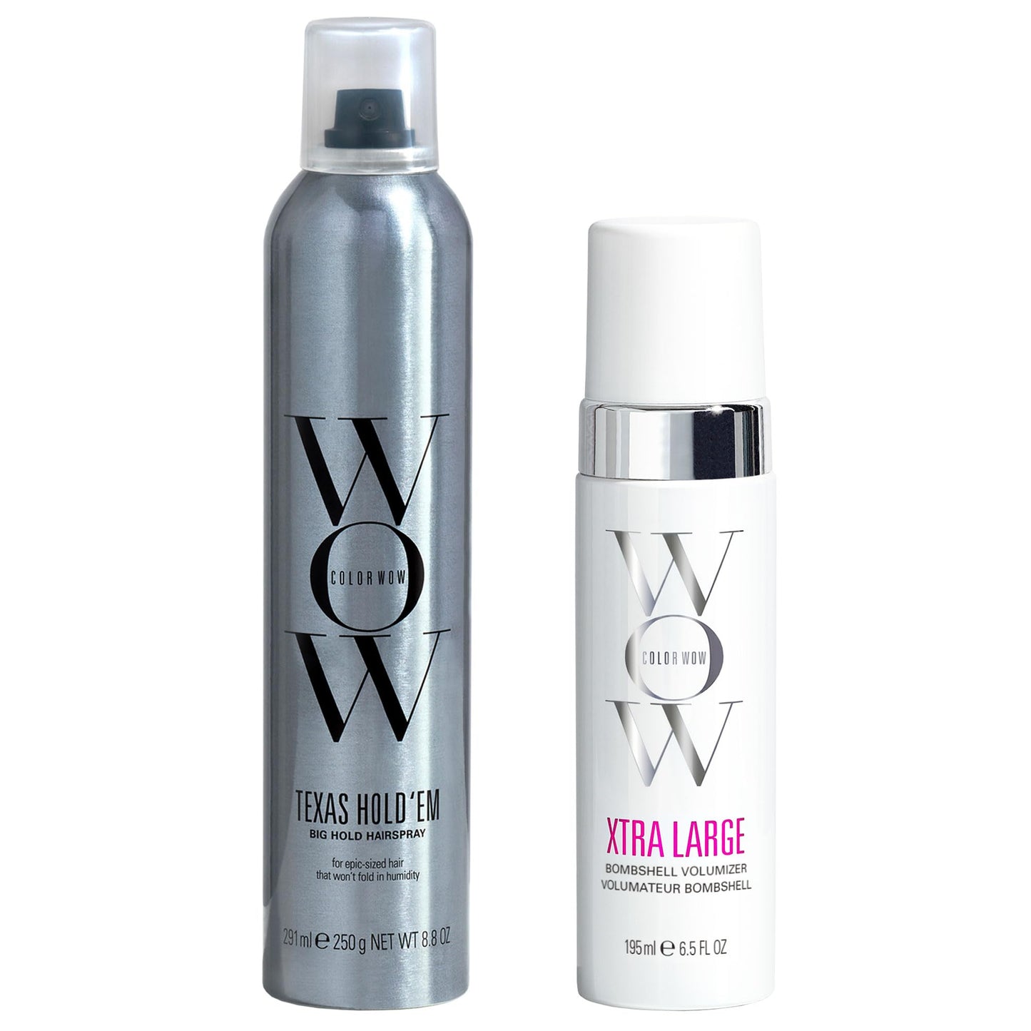 COLOR WOW Big Volume x Bold Hold Duo Bundle - Featuring XTRA LARGE BOMBSHELL VOLUMIZER for all-day volume and TEXAS HOLD 'EM big hold hairspray