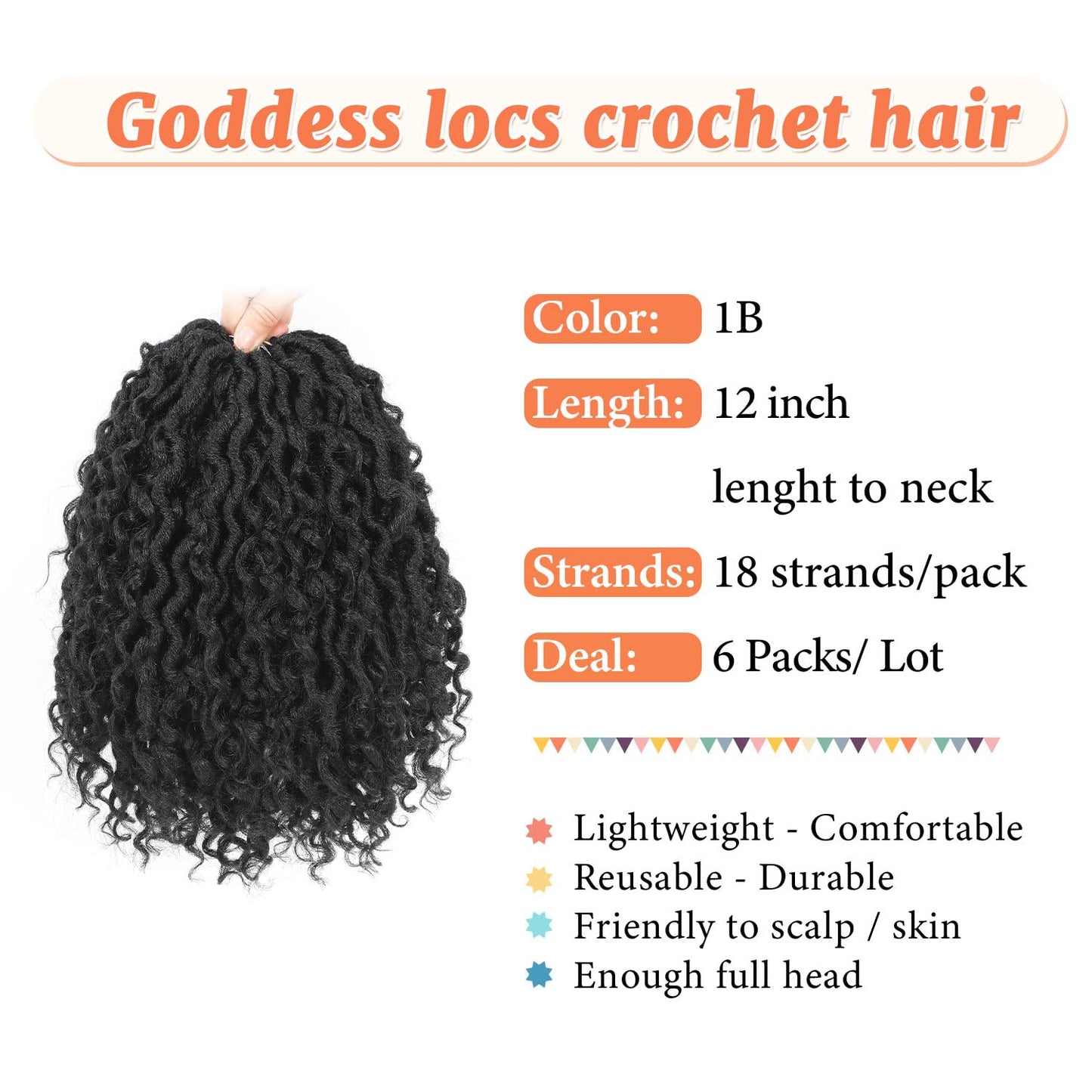 Forevery Goddess Locs Crochet Hair 12 Inch Faux Locs Crochet Hair for Black Women Pre Looped 6 Packs Boho Locs Crochet Hair with Curly Ends 1B
