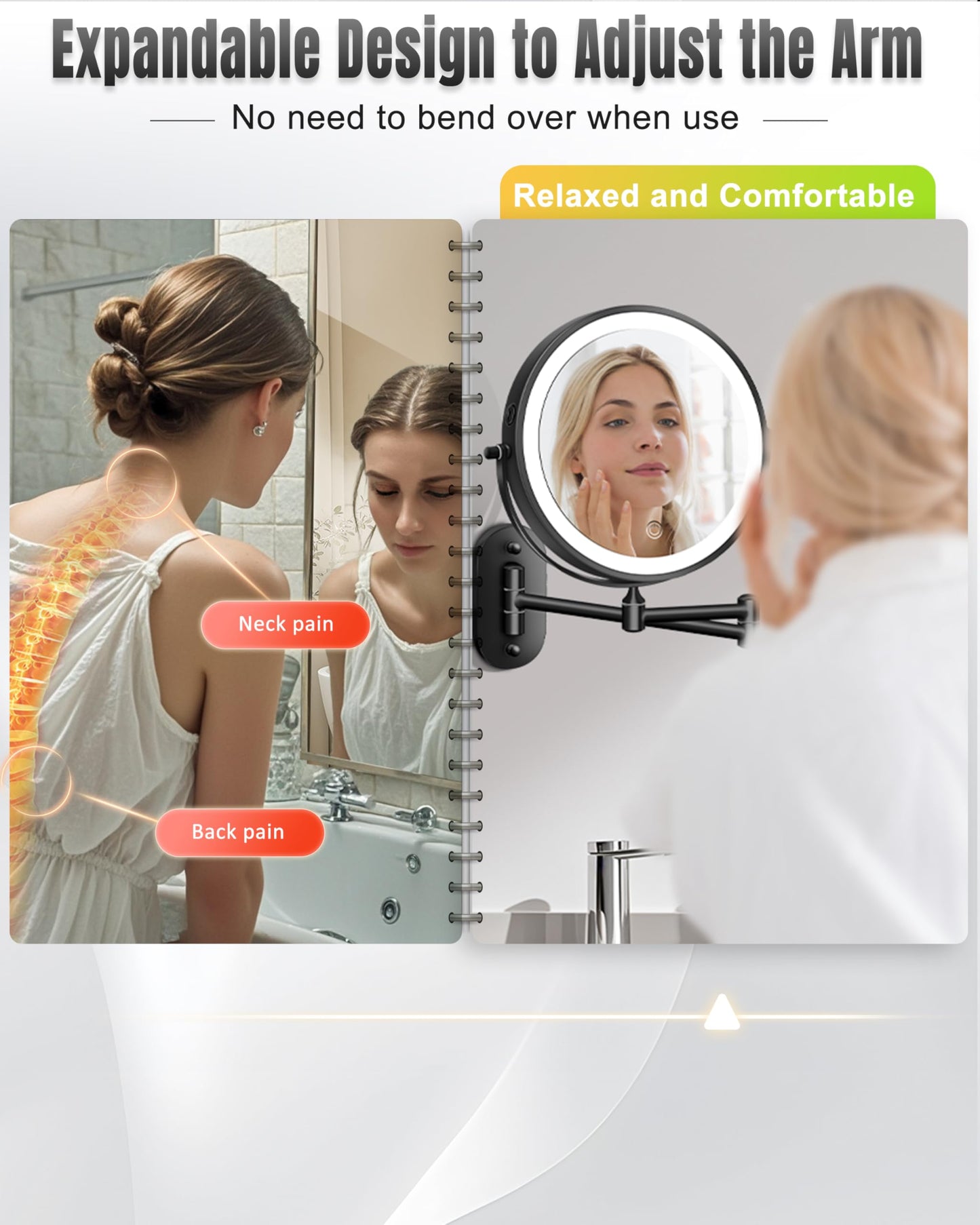 Wall Mounted Makeup Mirror with Light, 30X/1X 8'' Double Sided LED Magnifying Bathroom Lighted Vanity Mirror with Magnification, 3 Color Light up Touch Dimmable Extended Arm 360 Rotation