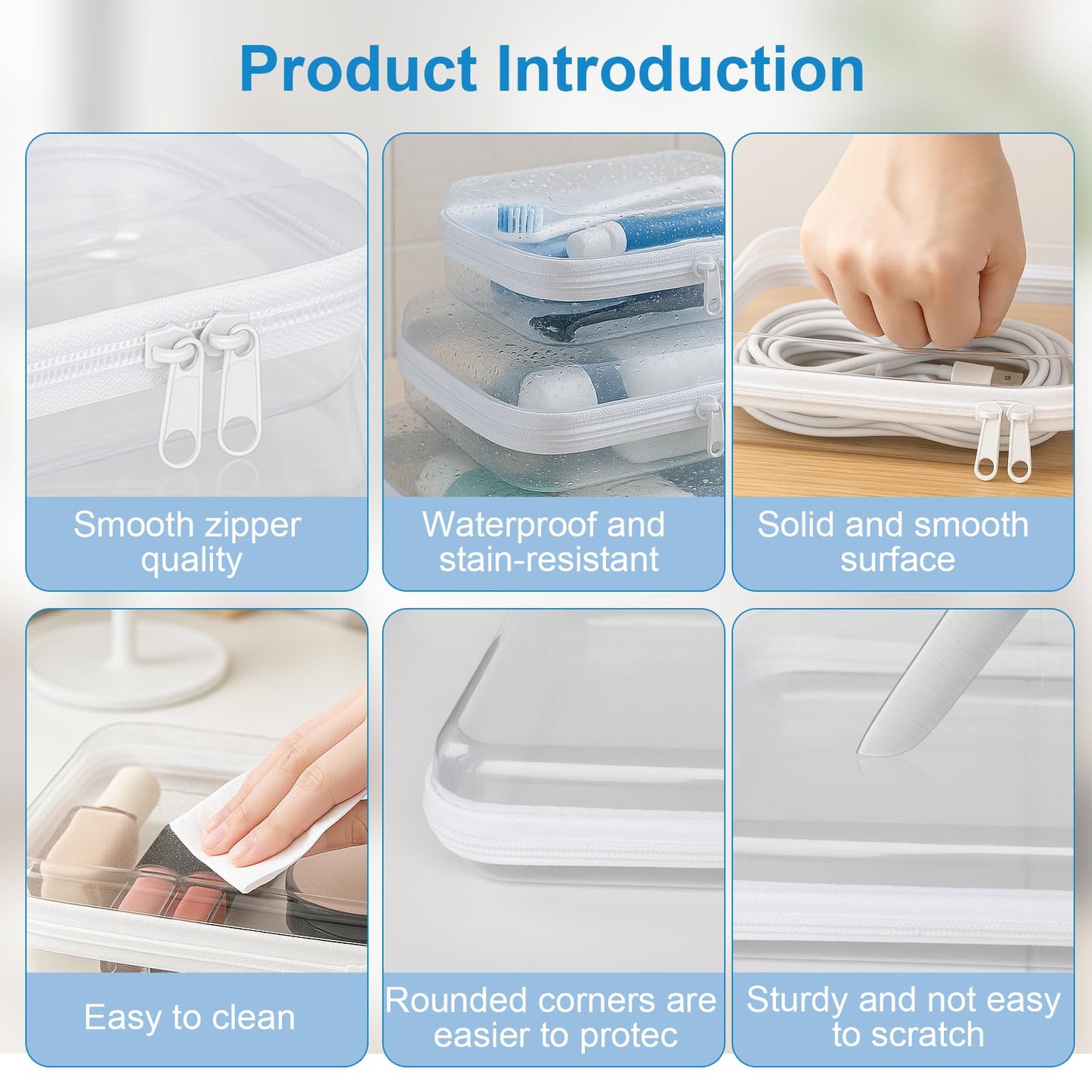 6 pcs Clear Hard Shell Zipper Case, Travel Makeup & Toiletry Organizer, Zippered Toy Storage, Pencil Case, Toy Storage Box, Hard Plastic Cosmetic Bag for Storage ,Travel Transparent Zipper Storage Box