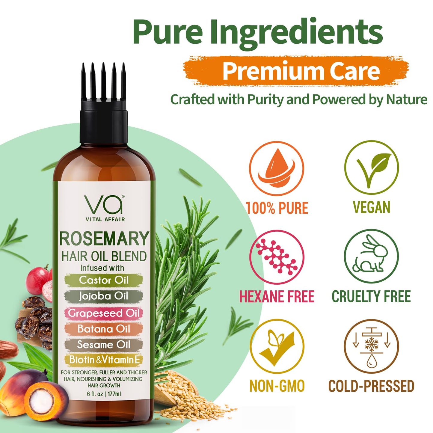 Blend Of Pure Rosemary Oil For Hair Growth With Castor, Batana, Jojoba Oil-Infused With Biotin & Vitamin E-Blend of Effective Hair Oils for Hair Growth-Strengthening Treatment-By Vital Affair-6 Fl Oz