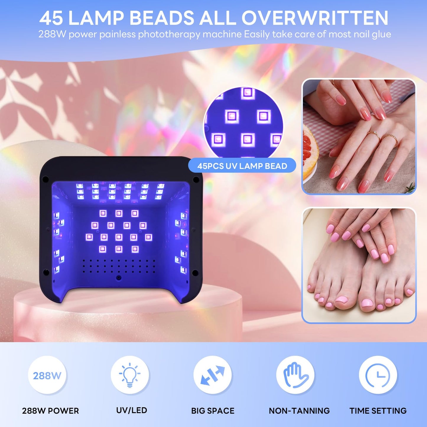 HeerMua 288W UV Light for Nails, UV Nail Lamp for Gel Nails, Diamond LED Nail Dryer for Gel Polish,Professional UV LED Nail Lamp, Fast Nail Curing Lamp 4 Time Setting & Auto Sensor for Salon & Home