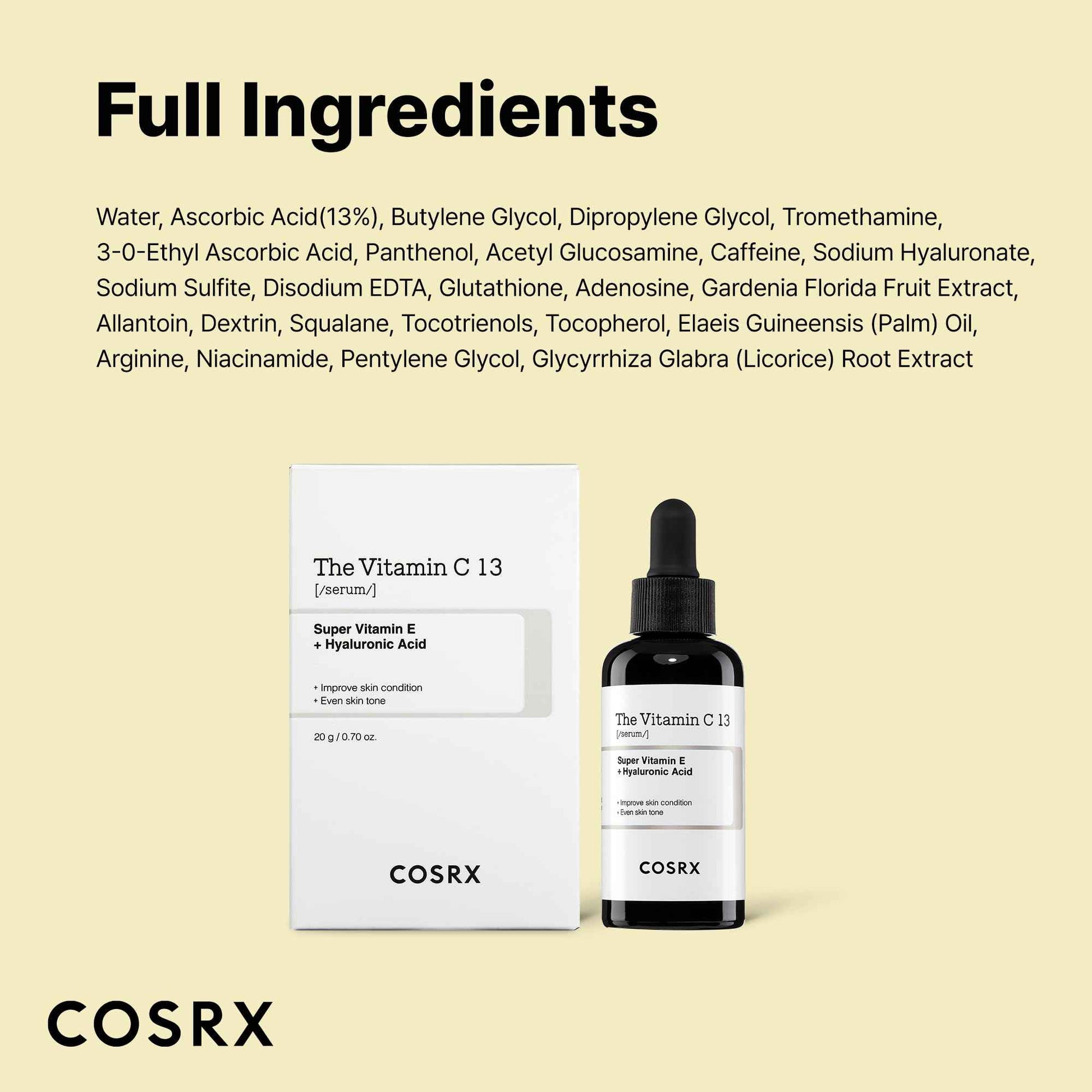 COSRX Pure Vitamin C 13% Serum with Vitamin E & Hyaluronic Acid, Hydrating Facial Serum for Fine Lines, Uneven Skin Tone & Dull Skin, 0.67fl.oz/20ml, Korean Skin Care