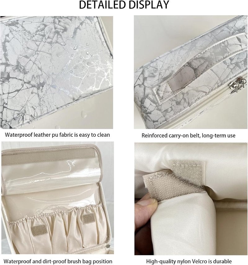 Multifunctional Travel Makeup Bag - Waterproof Cosmetic Organizer with Removable Dividers & Brush Holder | Large Capacity Toiletry Pouch for Women (White Marble)