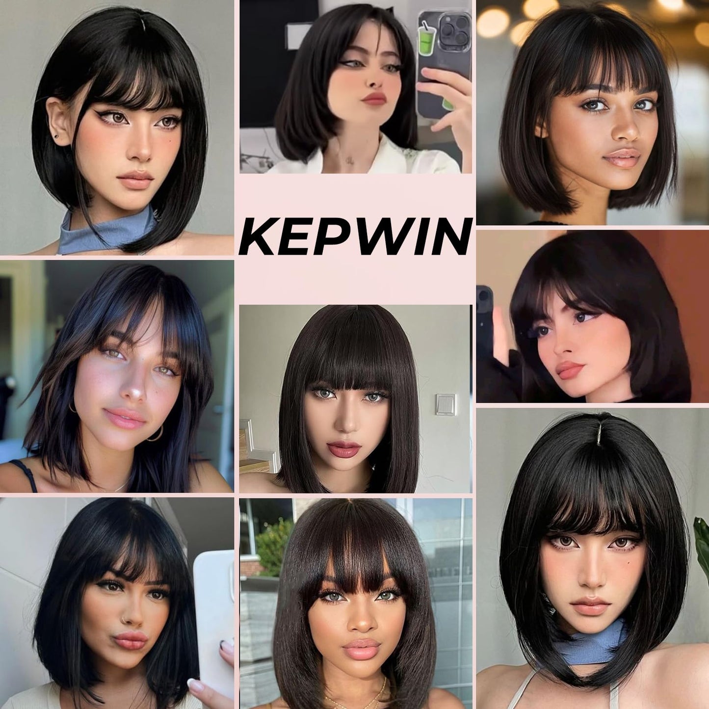 KEPWIN Bob Wig with Bangs Human Hair Wig 2x1 Closure Transparent Lace Bob Glueless Wigs Human Hair Short Wigs Straight Wigs for Black Women Wear and Go Natural Black 180% Density 10Inch