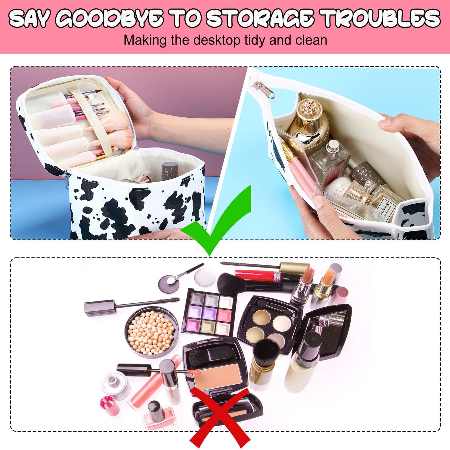 Saintrygo Set of 6 Makeup Bag Set Travel Cosmetic Bag Cow Print Toiletry Pouch Gifts for Women Organizer with Zipper Portable Cute Make up PU Leather Case Washable Waterproof