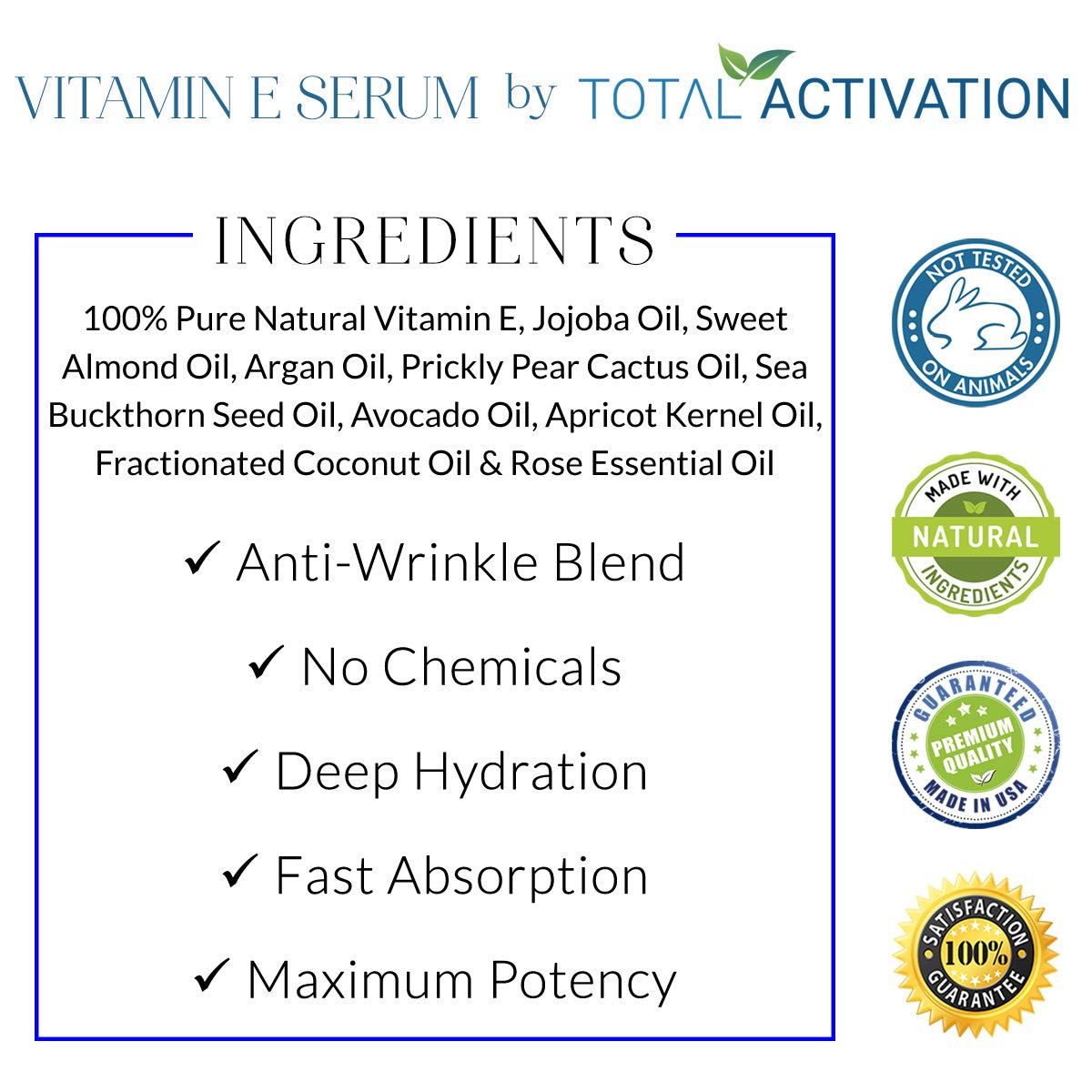Total Activation Vitamin E Face Serum – Organic Vitamin E Oil 100% Pure, Cold Pressed for Skin, Face, Hair & Nails – Moisturizer for Dry Skin, Scars & Anti-Aging – for Glowing Skin – 4 oz