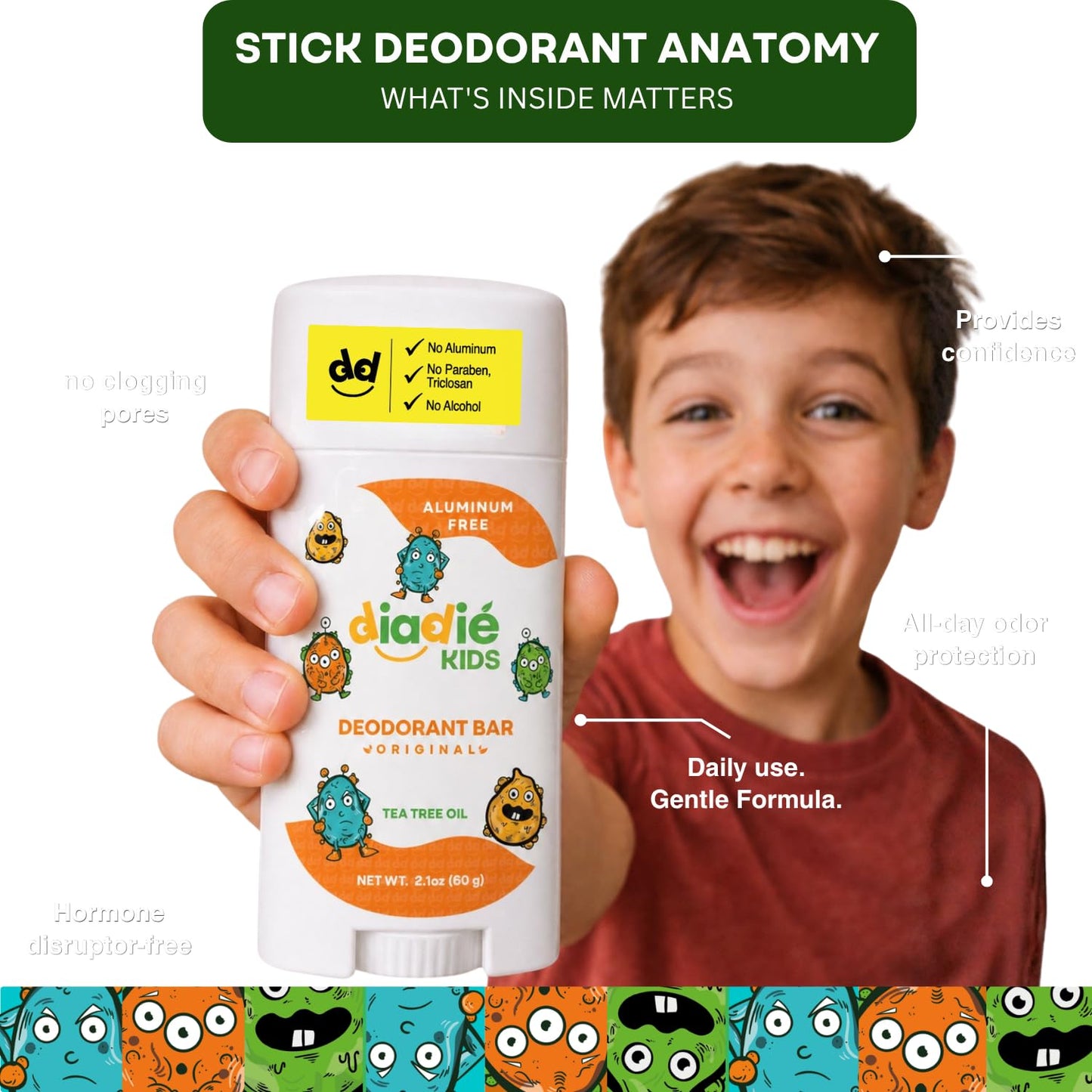 Diadié Kids Natural Deodorant Stick, for Boys & Girls, Aluminum-Free, Safe, Stick, 2.1oz each. 2 Pack