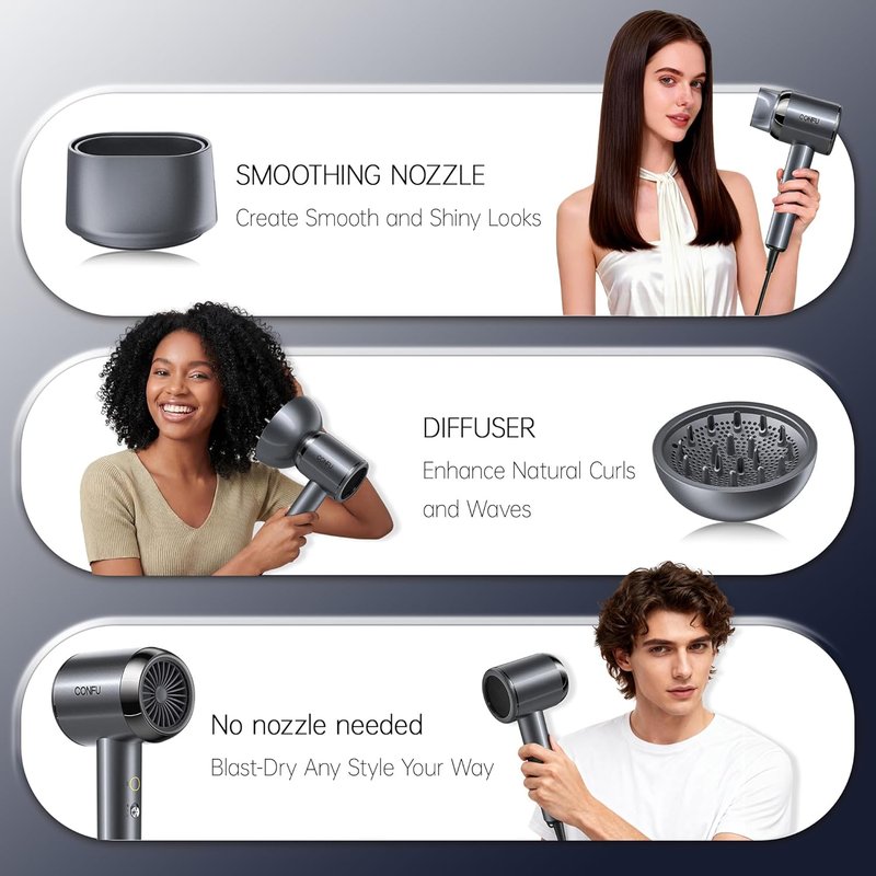 Confu Hair Blow Dryer | Plasma Ionic 1600W Fast Drying for Curly Hair - Lightweight & Portable Design