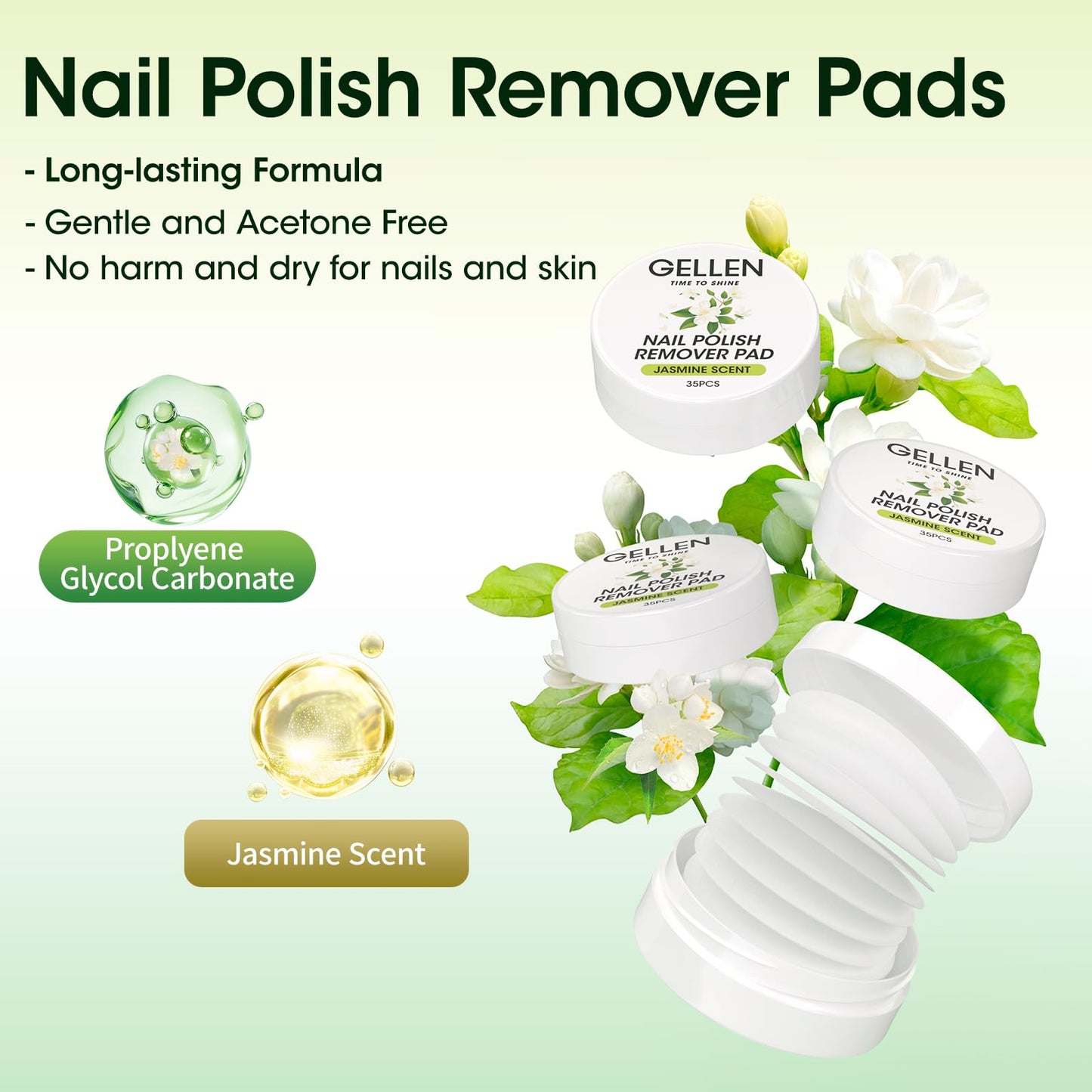 Gellen Nail Polish Remover Pads, Perfect for Travel, Outdoor | Non-Acetone, Jojoba & Vitamin E | 140pcs Jasmine Scent Wipes For Finger Toe Nails, No Leakage, Looks Dry But Works, Not for Gel Polish
