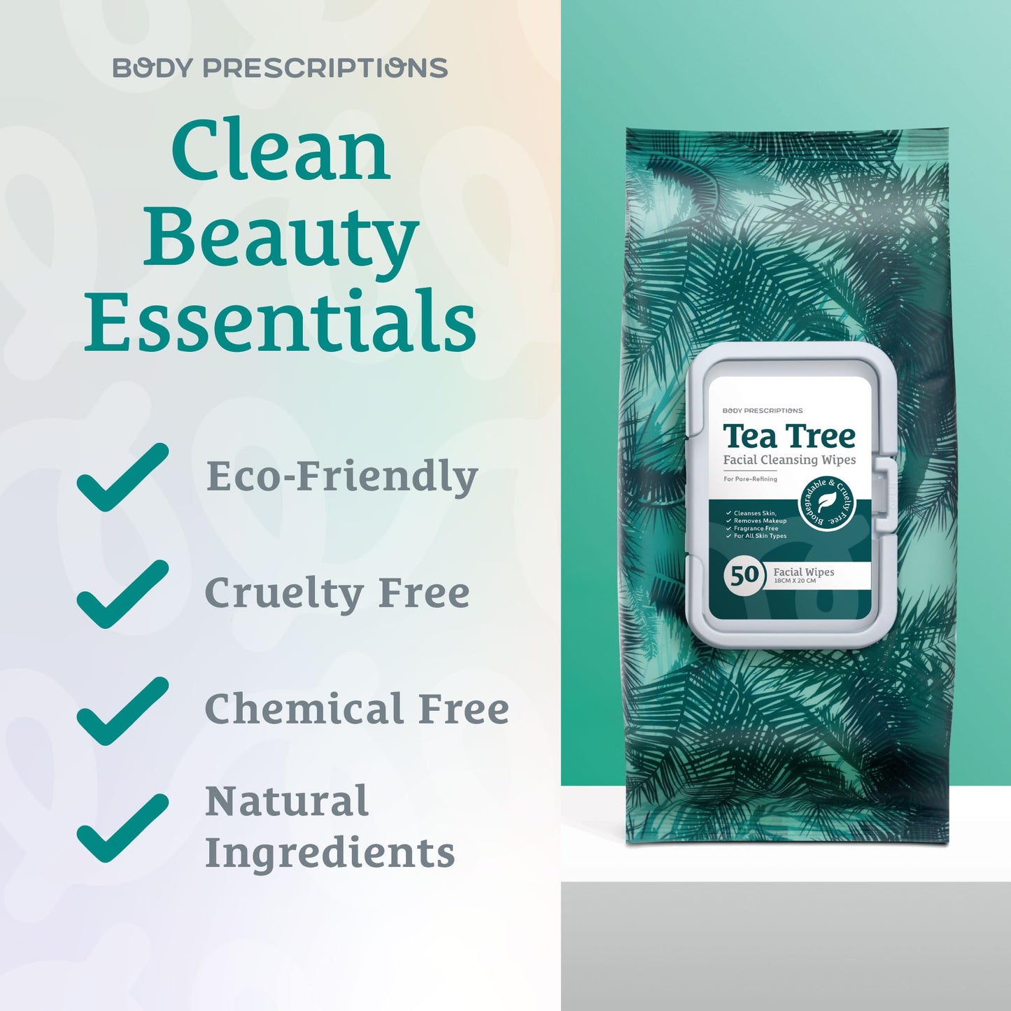Body Prescription Makeup Cleansing Wipes - Gentle and Effective Face Wipes, 50 Count (Pack of 4), Tea-Tree