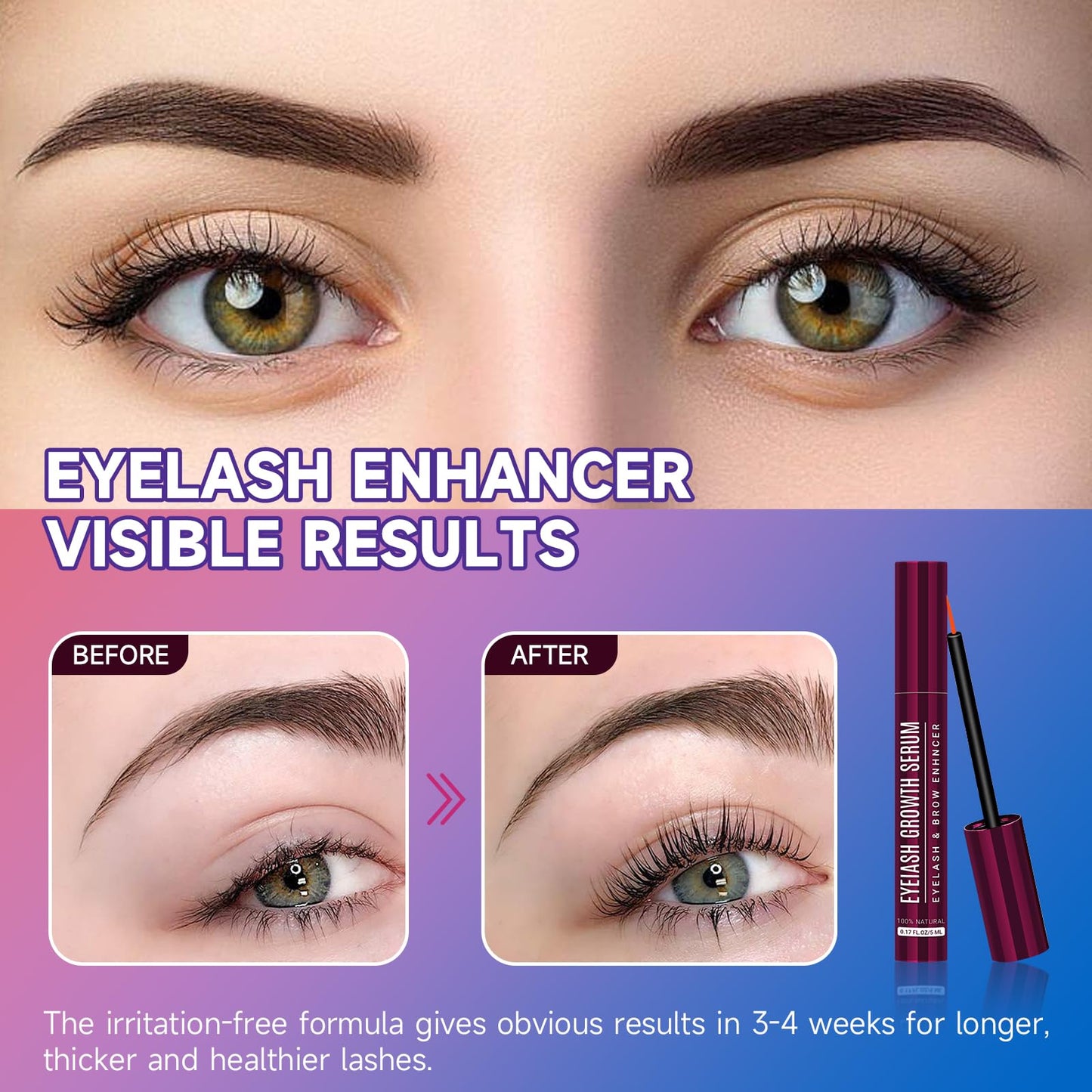 Eyelash Growth Serum, Eyelash Serum for Fuller, Thicker and Longer-Looking Lashes, Advanced Lash Enhancement Natural Formula Vegan Cruelty-Free 5ML