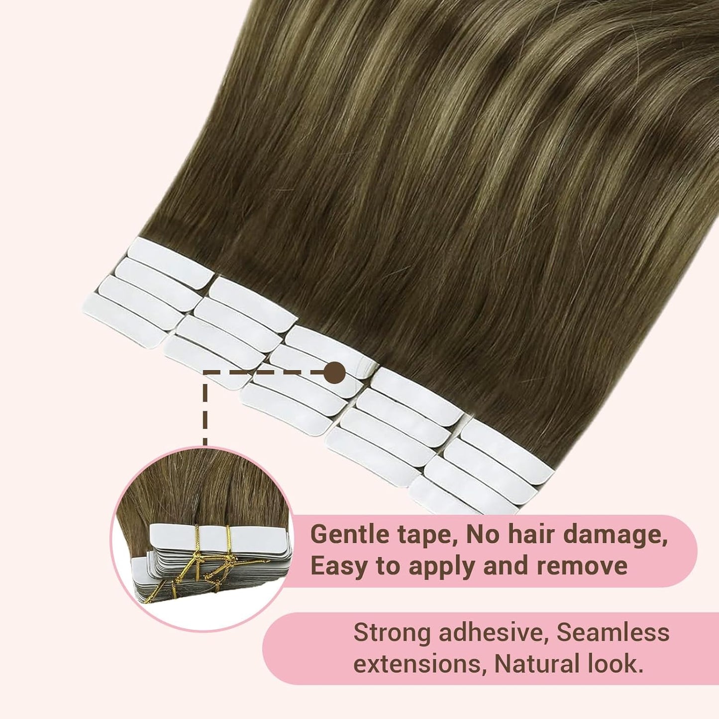 Tape In Hair Extensions - 16 Inch Human Hair Skin Weft | Thick & Straight, Chocolate Brown & Caramel Blonde #4/27/4, 50g, 12 Pieces Replacement Tape