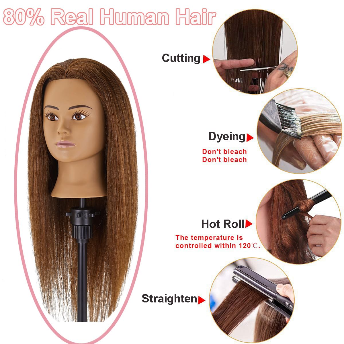 SZCY LLC 100% Human Hair Mannequin Head Hair Styling Training Head Cosmetology Manikin Head Doll Head for Hairdresser with Clamp Holder