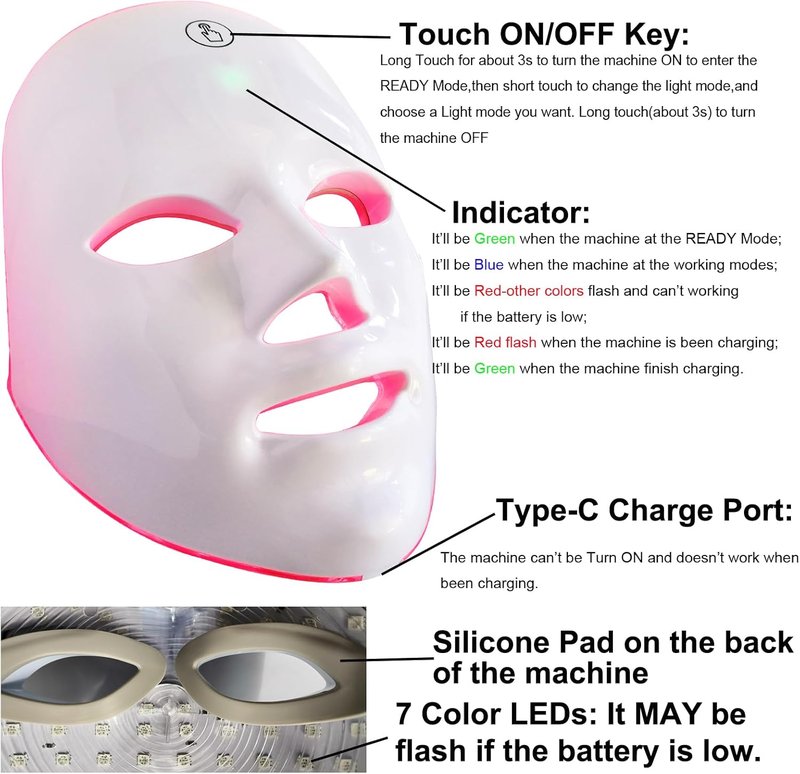 LED Face Mask | 7+1 Modes Portable Red Light Therapy for Skin Care - Rechargeable Blue & Red Light Mask