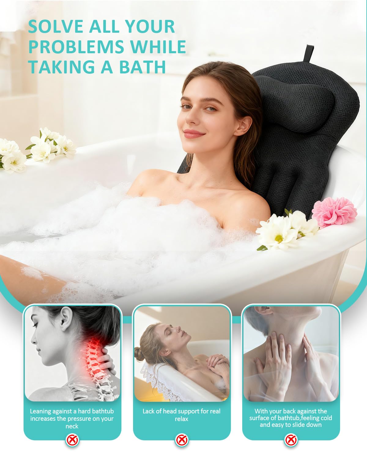 Full Body Bath Pillow for Bathtub, 5D Thick Tub Pillow for Bathtub with 192 Non-Slip Suction Cups, Laundry Bag & Hook, Bathtub Pillow for Head, Neck & Back Support (Black, 51"*15")