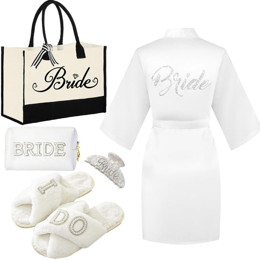 Tkifoda Bride to Be Gifts, Bridal Shower Gifts, Wedding Gift, Bride Tote Bag Makeup Bag Robe Slippers Hair Clip I Do Slippers Wedding Robe Cosmetic Bag