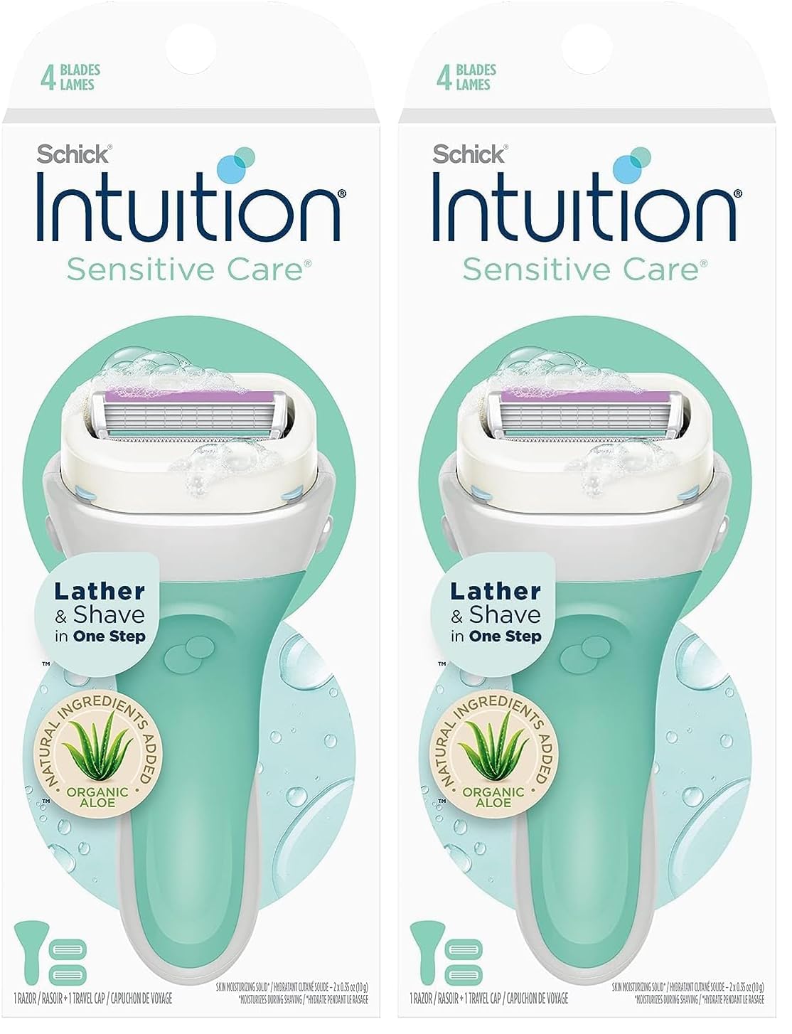 Schick Intuition Razors for Women with Sensitive Skin | 1 Razor & 2 Intuition Razor Blades Refill with Organic Aloe (Pack of 2)