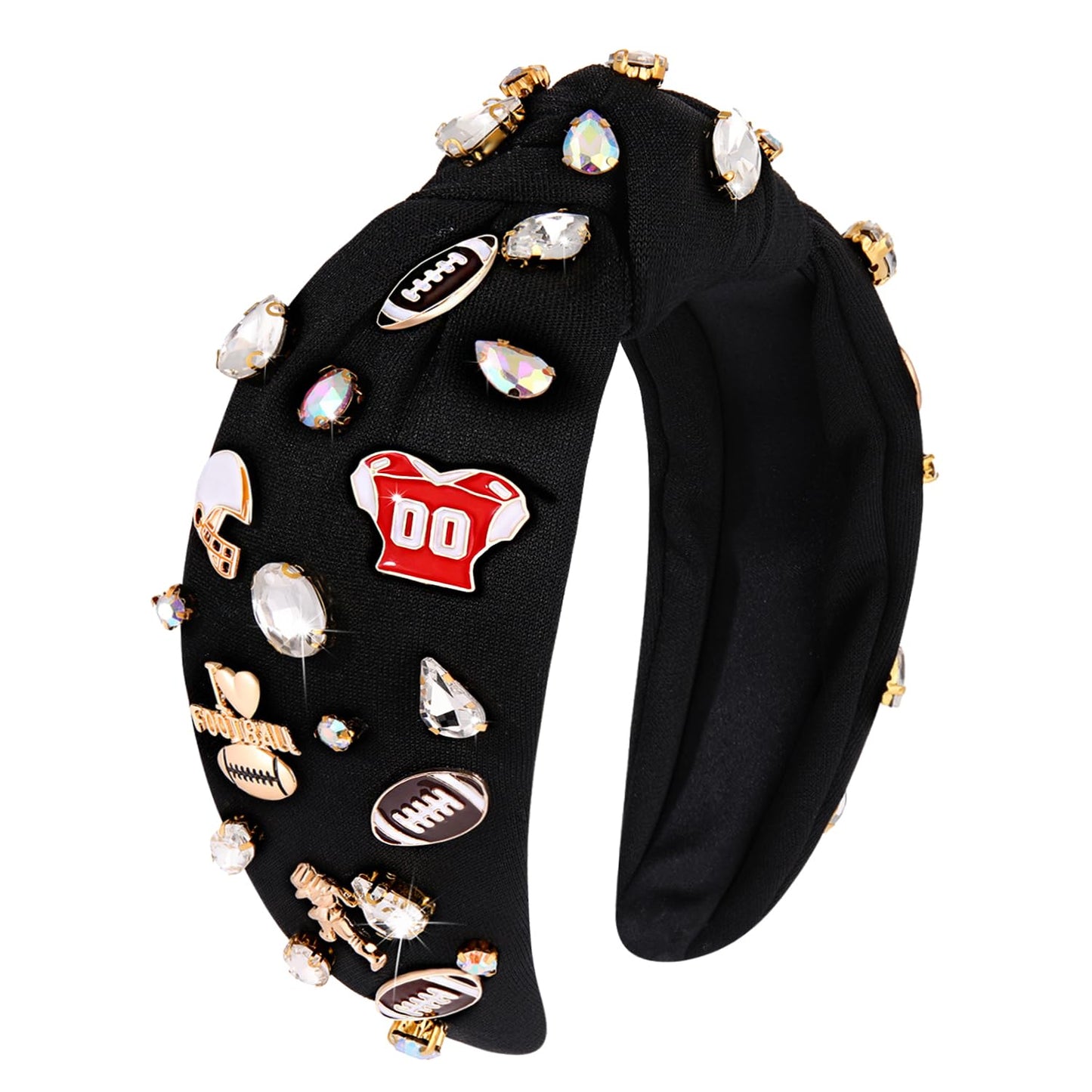 mokkia Football Headband for Women Football Mom Accessories Crystal Rhinestone Jeweled Wide Top Knot Headband Game Day Sports Hair Accessories Gift (Black)