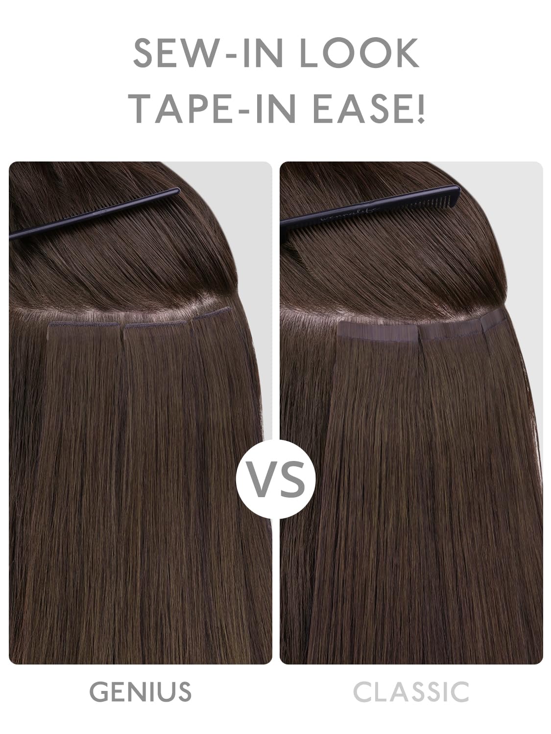 WENNALIFE Genius Seamless Tape in Hair Extensions Real Human Hair, 16 Inch 50g 20 pcs Jet Black Tape in Hair Extensions Remy Human Hair Luxury Invisible Straight Hair Hand Tied Inspired Edge Tape ins