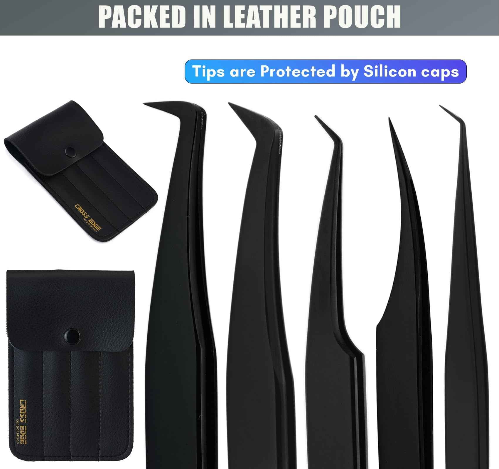 My Lash Tools Fiber Tip Lash Tweezers for Lash Extensions Precision Boot Volume Eyelash Extensions Tweezers Japanese Steel Curved Isolation Tweezer Set Fiber grip tweezers pinzas para (5pcs, Black)