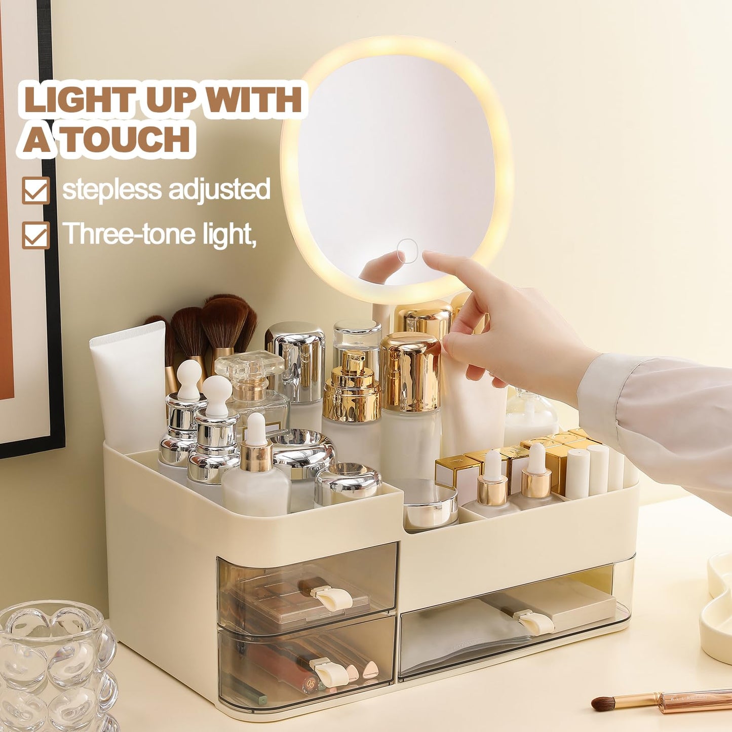 DASITON Makeup Organizer with Rechargeable Mirror and 3 Drawers,Skincare and Cosmetics Organizer Countertop,Makeup Brush Holder,Large Cosmetic Display Case for Vanity,Desk,Bathroom,Bedroom(Cream)