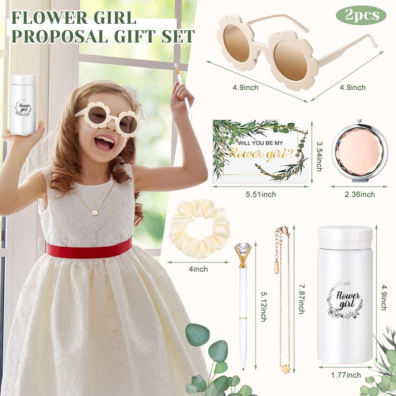 Crtiin 18 Pcs Flower Girl Gifts Wedding Proposal Box Kit from Bride Will You Be My Flower Girl Gifts Card Tumbler Daisy Necklace Sunglasses Diamond Pen Hair Ring Mirror Green Sage Wedding Party Favors